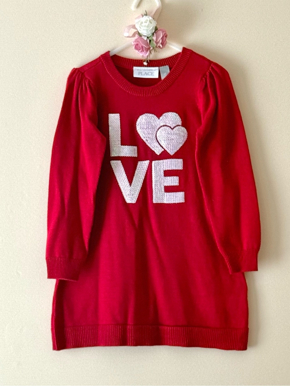The Children's Place Red LOVE Knit Sweater Dress with Heart Accent, Size 3T